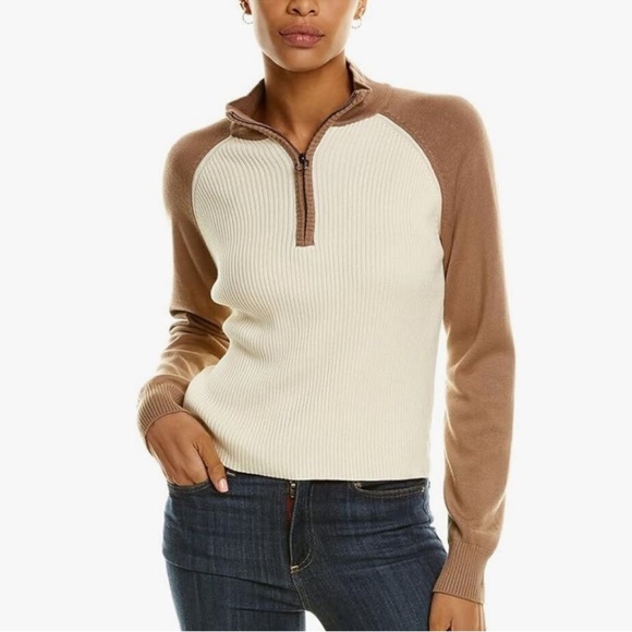 Monrow Sweaters - MONROW Raglan Half Zip Rib Knit Sweater Brown Cream Contrast Colorblock Small